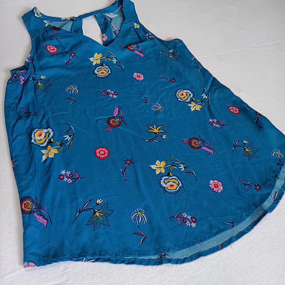 Old Navy Sz S Blue Floral Rayon Sleeveless Top Tank Keyhole Back Boho Light